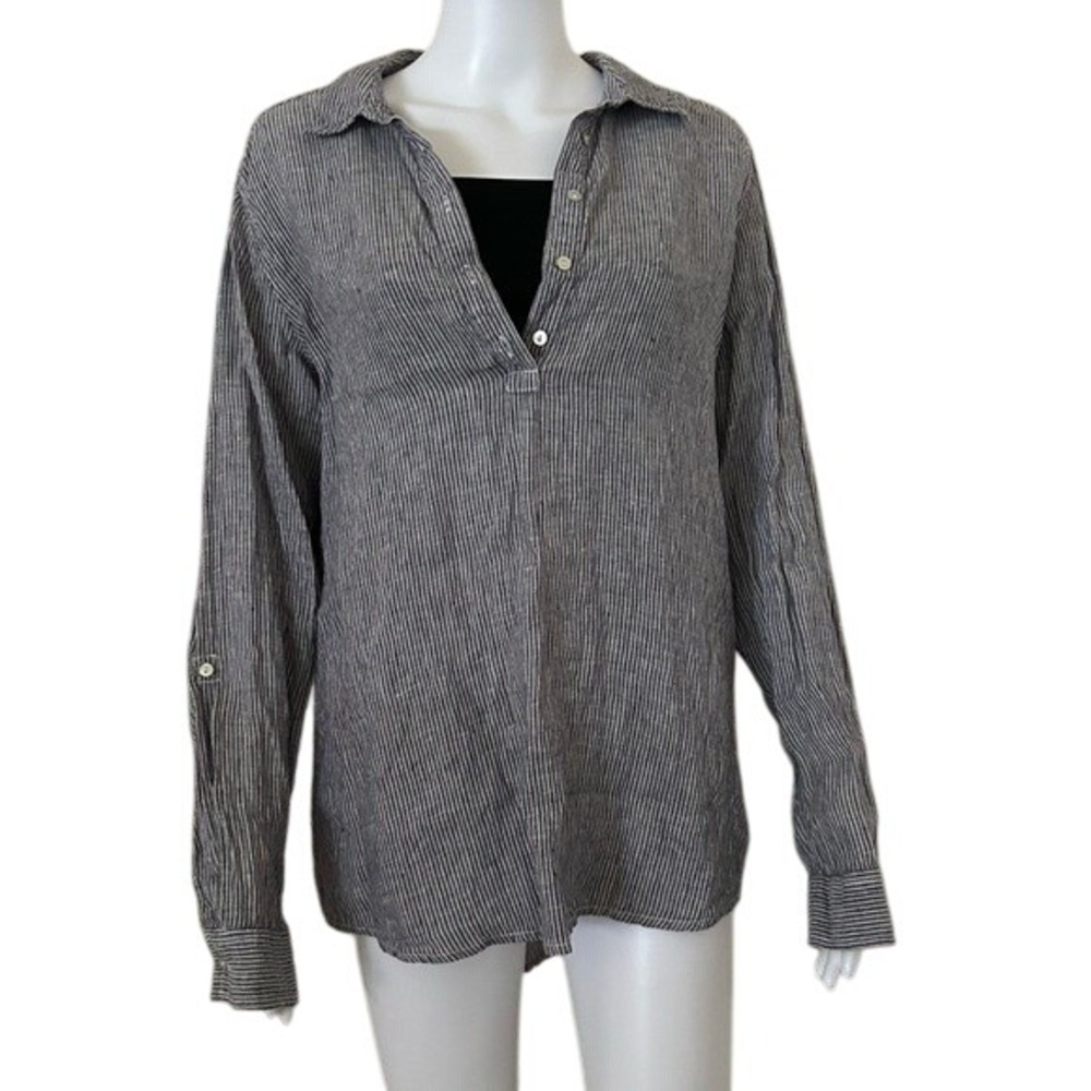 Jones & Co Jones New York 100% Linen Long Sleeve Striped Tunic Top blue white L
